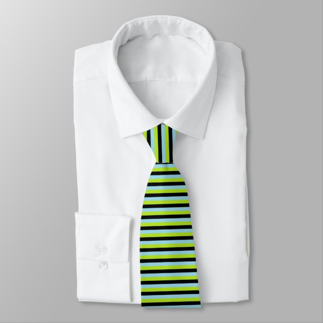 Lime Green, Black and Pastel Blue Stripes Tie (Tied)