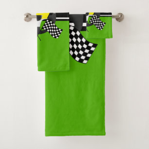 Lime Green, Black and White Chequered Racing 🏎 Bath Towel Set