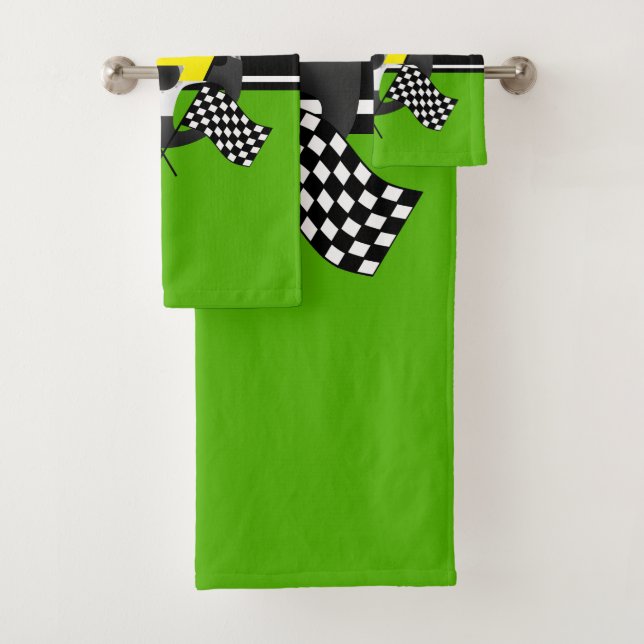 Lime Green, Black and White Chequered Racing 🏎   Bath Towel Set (Insitu)