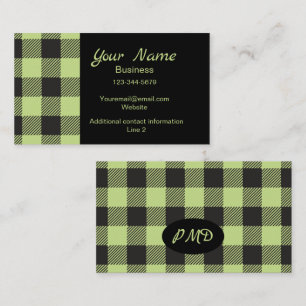 Lime Green Black Buffalo Plaid Check Monogram Business Card