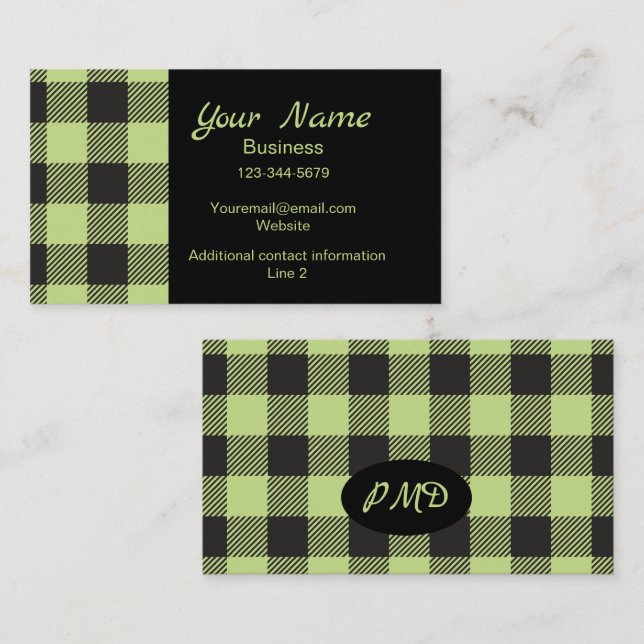 Lime Green Black Buffalo Plaid Check Monogram Business Card (Front/Back)