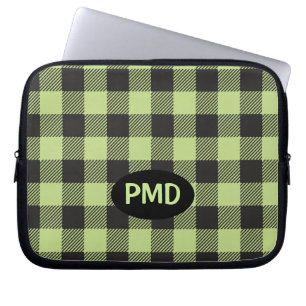 Lime Green Black Buffalo Plaid Monogram Initials Laptop Sleeve