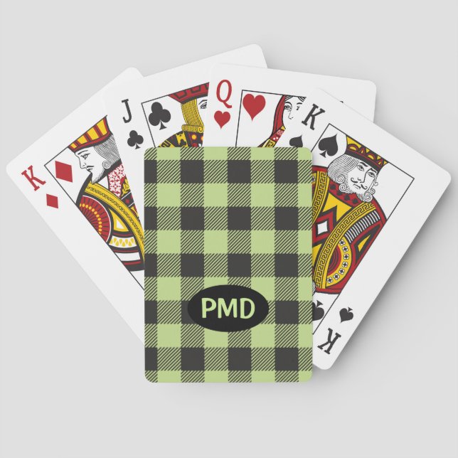 Lime Green Black Buffalo Plaid Monogram Initials Playing Cards (Back)