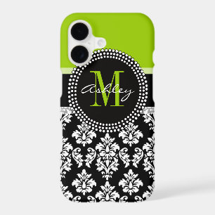 Lime Green Black Damask Pattern Monogrammed