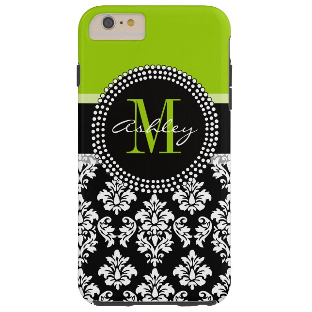 Lime Green Black Damask Pattern Monogrammed Case-Mate iPhone Case (Back)
