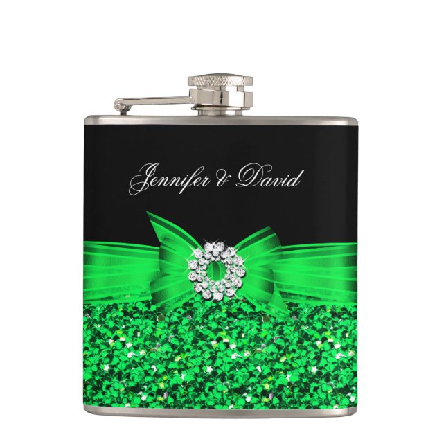 Lime Green Black Diamond Wedding Engagement Hip Flask (Front)