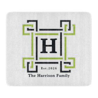 Lime Green Black Greek Key Monogram Family Crest Cutting Board