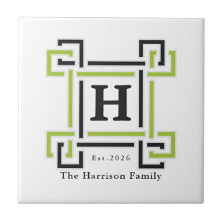 Lime Green Black Greek Key Monogram Family Crest Tile