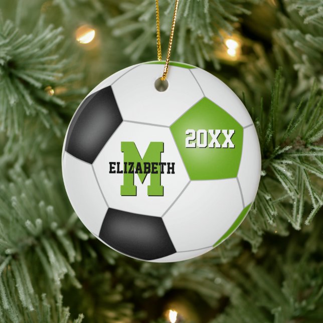 lime green black kids keepsake soccer ceramic ornament (Tree)