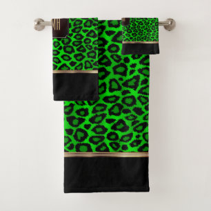 Lime Green & Black Leopard Pattern with Monogram Bath Towel Set