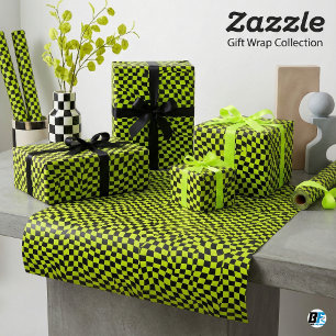 Lime Green Black Warped Chequerboard Trippy Patter Wrapping Paper