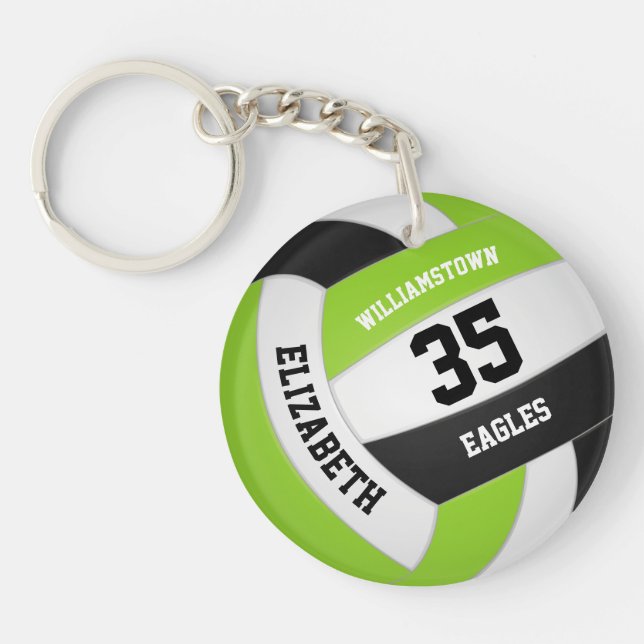 lime green black white team name volleyball keychain (Front)