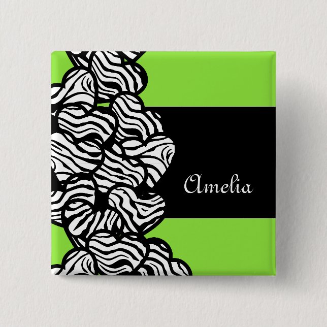 Lime green black white zebra pattern heart name  2 inch square button (Front)