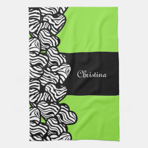 Lime green black white zebra pattern heart name  kitchen towel