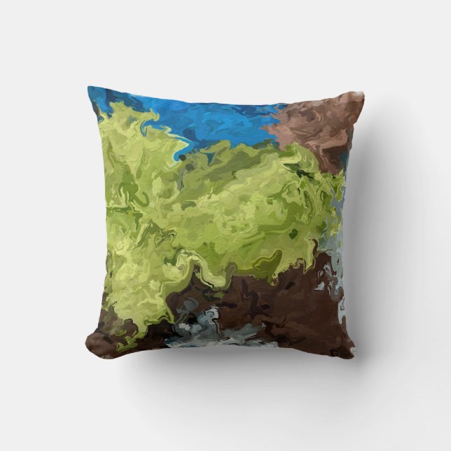 Lime Green, Blue and Brown Oils Throw Pillow (Front)