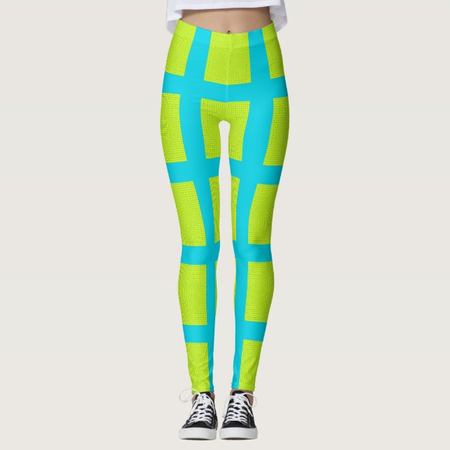 Lime Green Blue Carré Motif Yoga Pants Leggings (Devant)