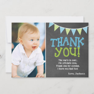 Lime Green & Blue Chalkboard Boy First Birthday Thank You Card