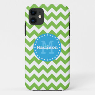 Lime Green Blue Chevron Zigzag Monogram iPhone 11 Case