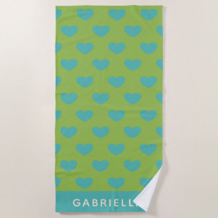 Lime Green Blue Cute Heart Pattern Personalized Beach Towel