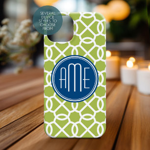 Lime Green & Blue Geometric Pattern Monograms iPhone 16 Case
