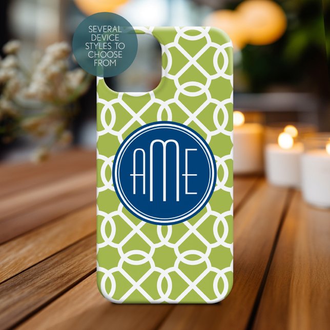 Lime Green & Blue Geometric Pattern Monograms Case-Mate iPhone Case (Personalized Phone Case with Monogram)