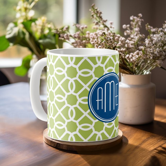 Lime Green & Blue Geometric Pattern Monograms Coffee Mug (Personalized Coffee Mug)