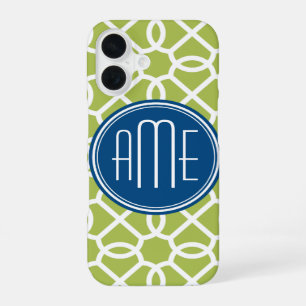 Lime Green & Blue Geometric Pattern Monograms iPhone 16 Case