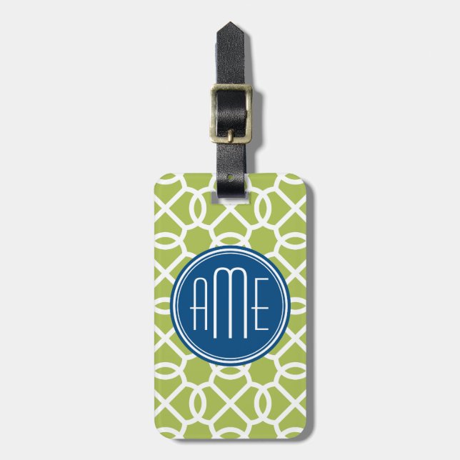 Lime Green & Blue Geometric Pattern Monograms Luggage Tag (Front Vertical)