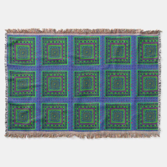 Lime Green Blue Red Aztec Tribal Squares Pattern Throw Blanket (Front)