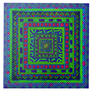 Lime Green Blue Red Aztec Tribal Squares Pattern Tile