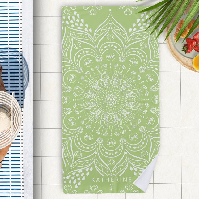 Lime Green Boho Mandala Personalized Beach Towel (Personalized Lime Green Beach Towel with Boho Mandala Pattern)
