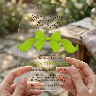 Lime Green Bow Bridal Shower She's Tying the Knot Acrylic Invitations