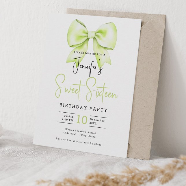 Lime Green Bow Coquette Cute Script Sweet 16 Invitation (Lime Green Bow Coquette Cute Script Sweet 16 Invitation)