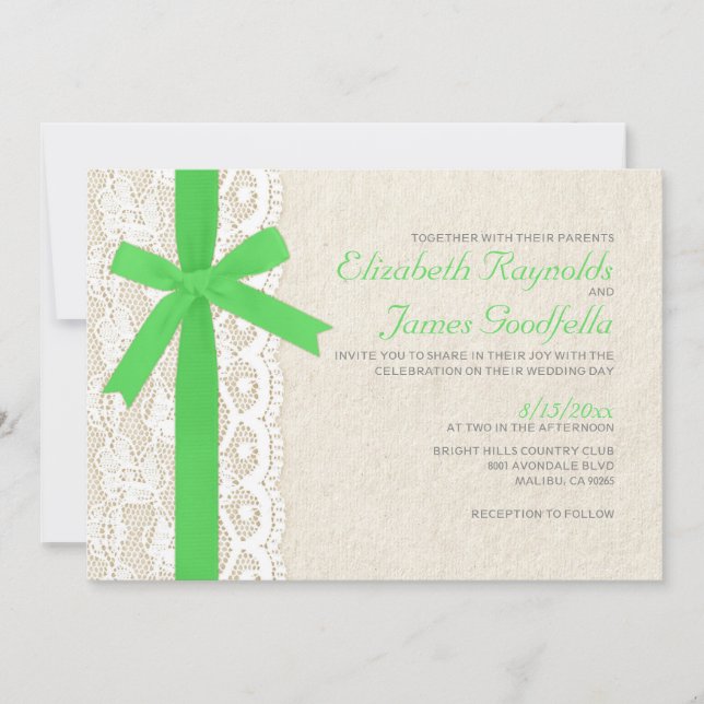 Lime Green Bow & Lace Wedding Invitations (Front)
