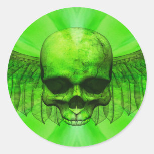 Lime Green Burst Winged Skull Classic Round Sticker