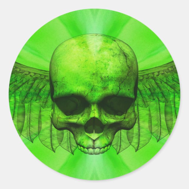 Lime Green Burst Winged Skull Classic Round Sticker (Front)