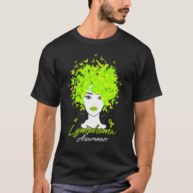 Lime Green Butterflies Lymphoma Awareness Warrior  T-Shirt (Front)