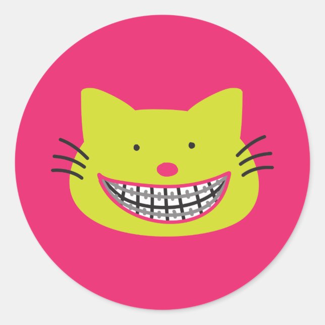 Lime Green Cat Wearing Braces Orthodontist Classic Round Sticker (Front)