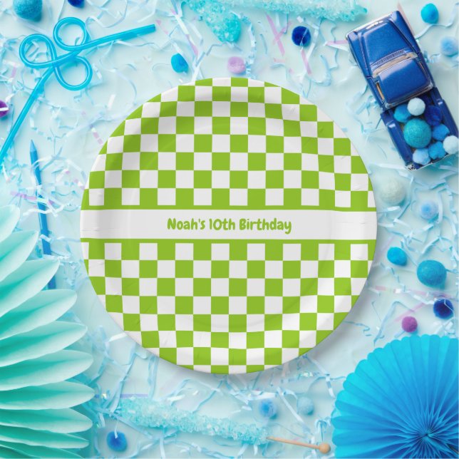 Lime Green Checked Pattern Personalized Paper Plate (Party)