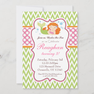 Lime Green Chevron and Pink Dots Mermaid Birthday Invitation