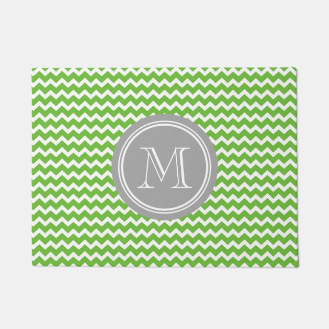 Lime Green Chevron Grey Monogram Doormat (Front)