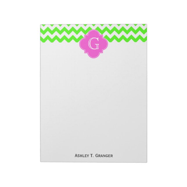 Lime Green Chevron Hot Pink Quatrefoil Monogram Notepad (Rotated)