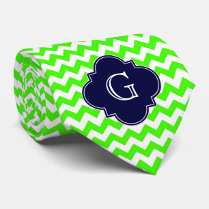 Lime Green Chevron Navy Blue Quatrefoil Monogram Tie