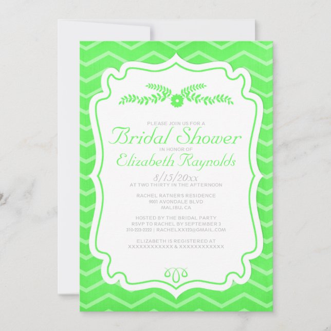 Lime Green Chevron Stripes Bridal Shower Invites (Front)