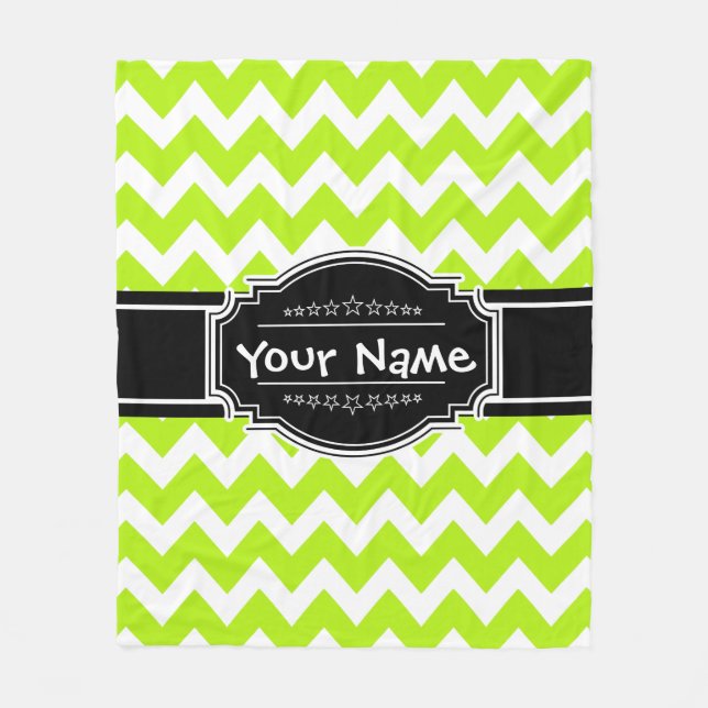 Lime Green Chevron with Black Personalized Name Fleece Blanket (Front)