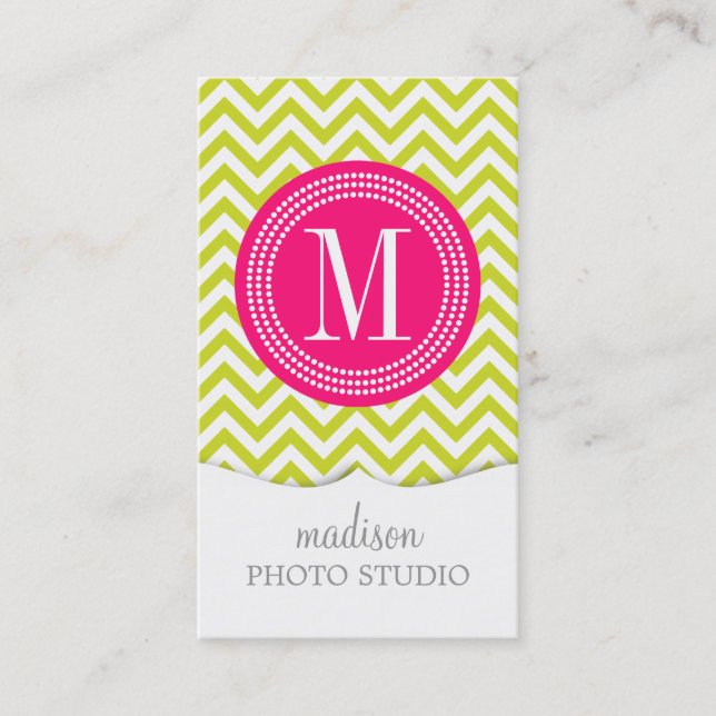 Lime Green Chevron Zigzag Personalized Monogram Business Card (Front)