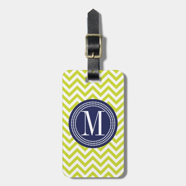 Lime Green Chevron Zigzag Personalized Monogram Luggage Tag (Front Vertical)