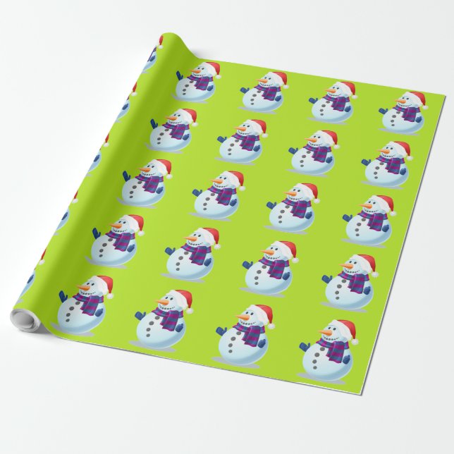 Lime Green Christmas Snowman Wrapping Paper (Unrolled)