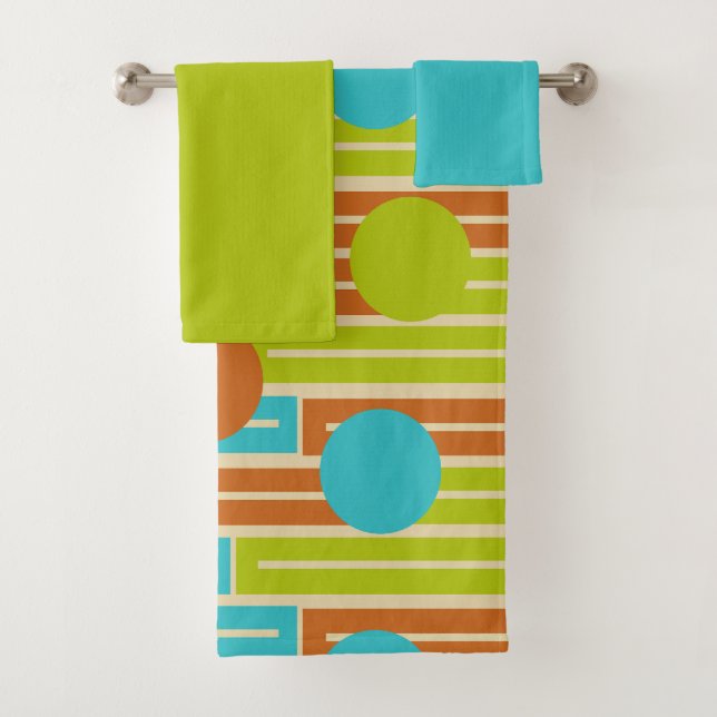 Lime Green, Cinnamon Brown, Turquoise Rectangles B Bath Towel Set (Insitu)