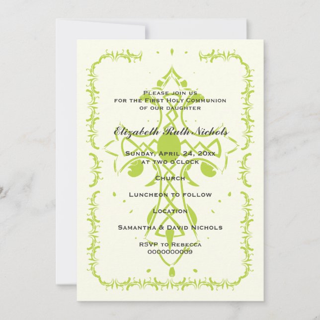 Lime green Cross First Communion Confirmation Invitation (Front)